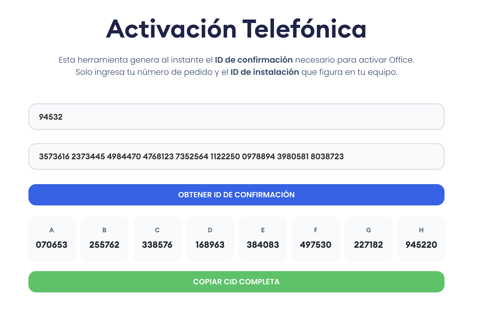 ID de confirmación Activación